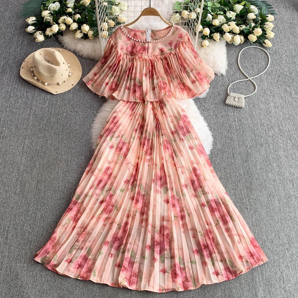 French light luxury heavy industry bead round neck lotus leaf sleeve dress women's summer waist thin pleated pendulum long skirt