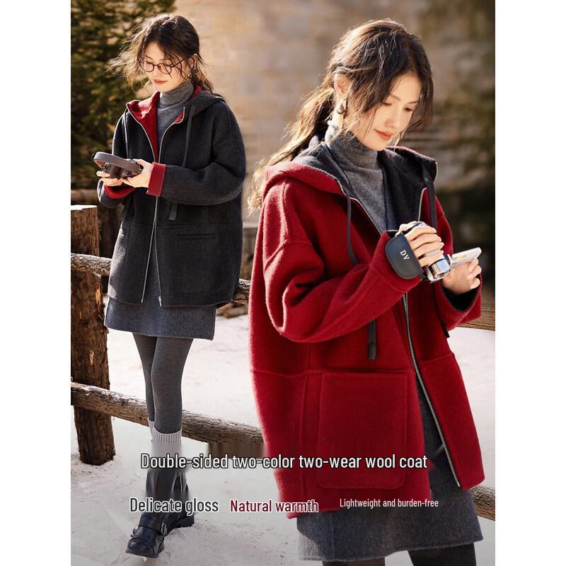 XWI Women s Reversible Wool Blend Double-Sided Hooded Winter Coat M