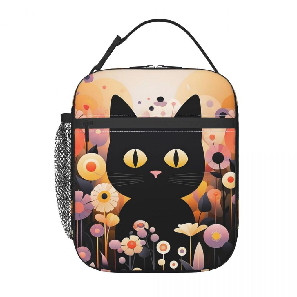 Black Cat In Flower Bushes Insulated Lunch Bag for Kids School Cooler Thermal Food Box Tote Portable Lunch Boxes Container