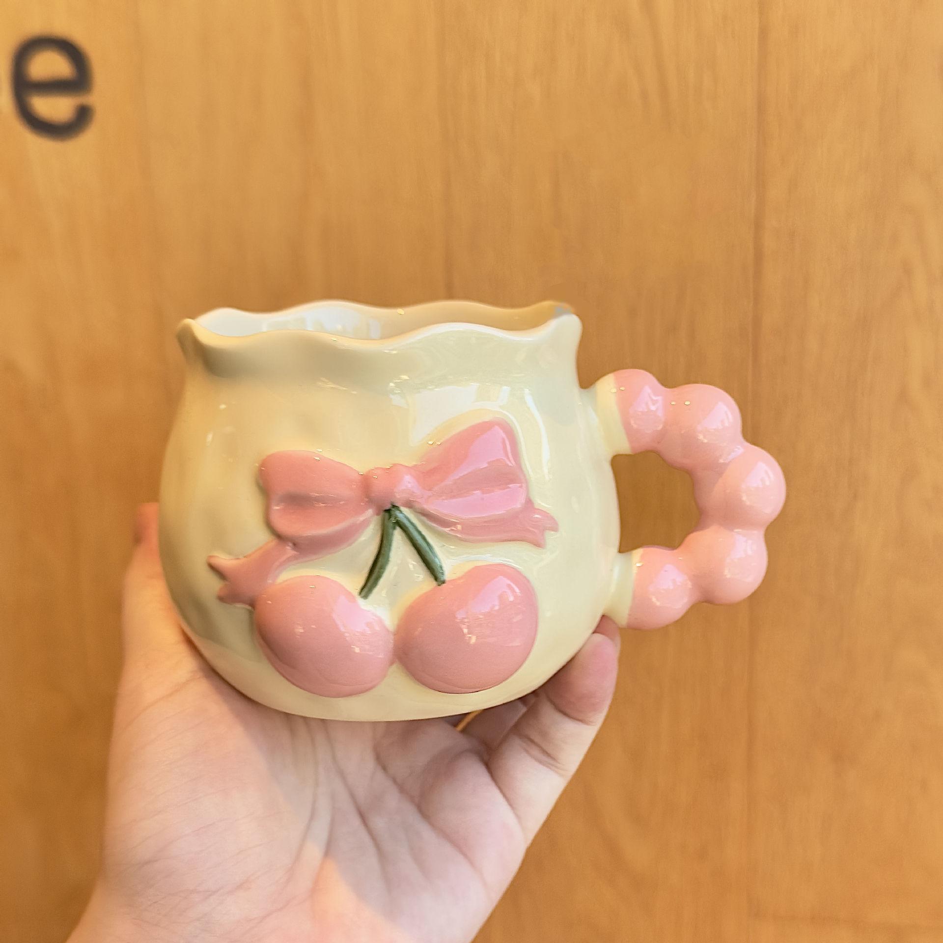 Hand-Squeezed Hand-Painted Relief Pink Cherry Mug High Value Cute Ins Style Girl Design Ceramic Water Cup default