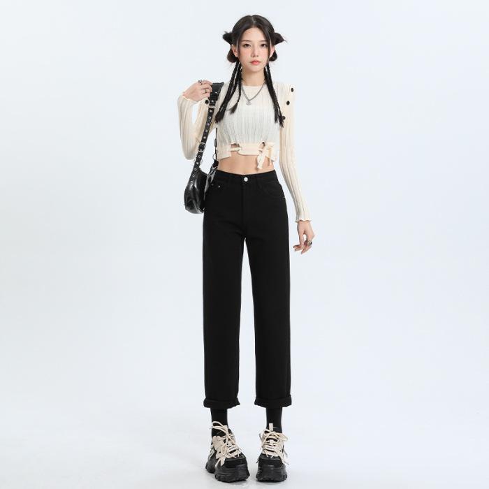 

Women s High Waist Slimming Wide Leg Drape Jeans, White, Floor Length, Autumn L