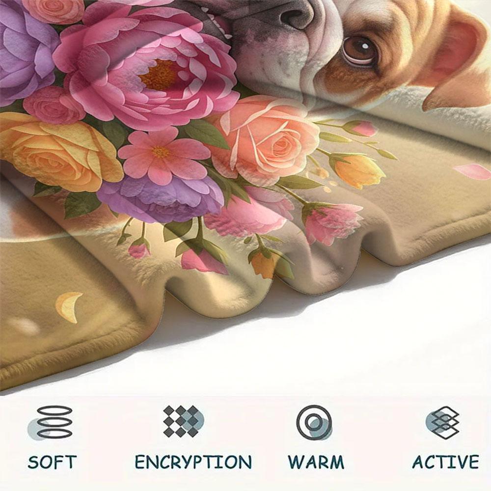 1Pc DogsandFlowers Print Flannel Blanket, High quality Comfortable for All Seasons, Home Decor, Warmth and Comfort, Perfect for Christmas Gifts