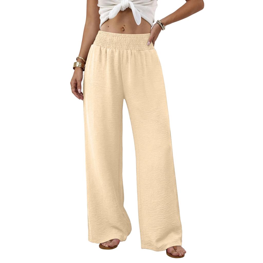 Linen Casual Wide Leg Pants For Women Elastic Waist Versatile Business Casual Work Palazzo Trousers With Pockets