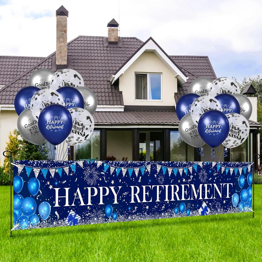 Happy Retirement Decorations Large Navy Blue Silver Happy Retirement Banner Yard Sign with 18 Pcs Retirement Balloons for Men Women Retirement Party
