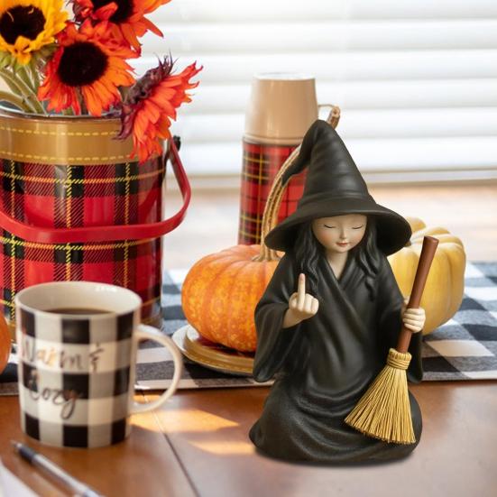 Halloween Ornament Dark Humor Witchcraft Vibe Creepy Witch Statue Black Robe Cat Themed Resin Home Decor
