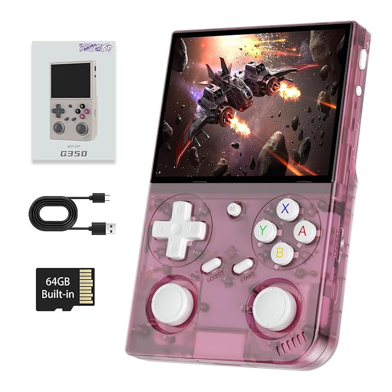 

G350 Retro Handheld Game Console , G350 Retro Gaming Console 3.5 IPS Screen Linux System Built-in 64G TF Card 20+Emulators Pre-Installed 4371 Games Pink Transparent