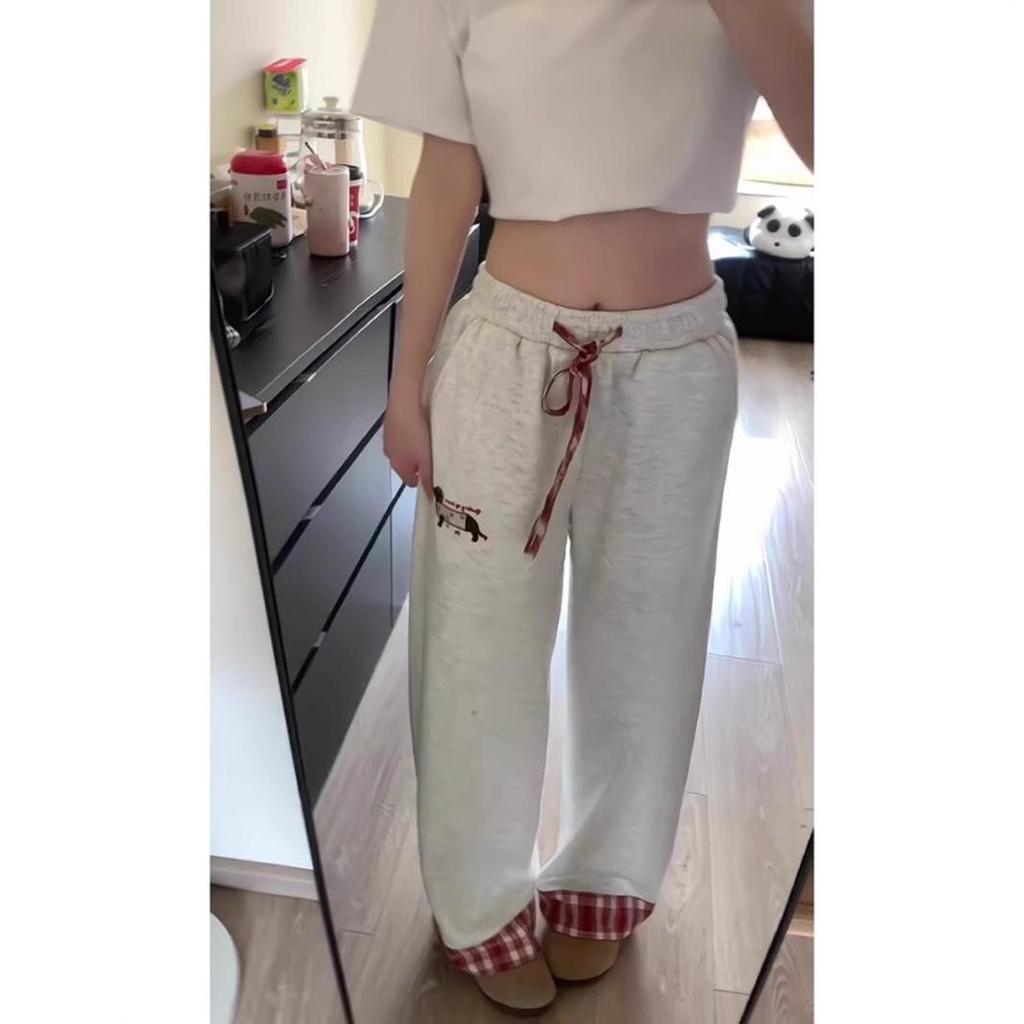 Plaid Patchwork Grey Unisex Sweatpants, Heavyweight, Loose Straight Leg, Sporty Casual Wear for Spring and Autumn.