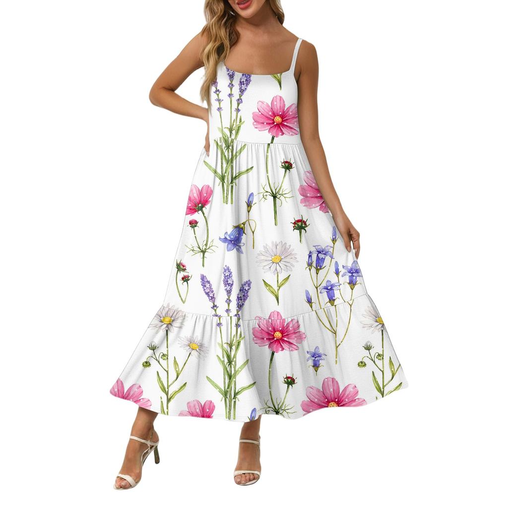 Damen Long Beach Casual Elegant Spaghettiträger Maxikleid Floral Low-Key Fließendes Bohemian Kleid