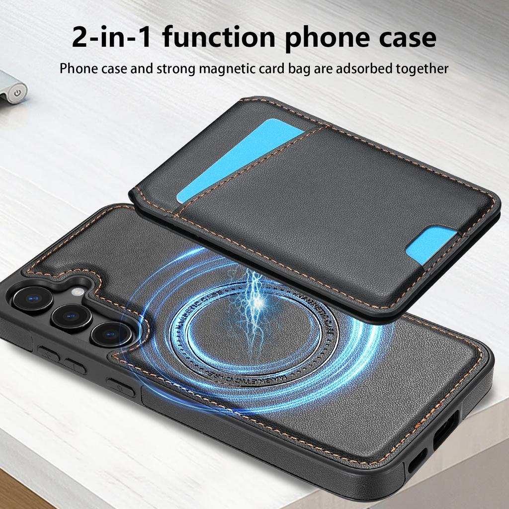 For Samsung Galaxy S24+ Case Compatible with MagSafe Detachable Card Holder Kickstand Leather Phone Back Cover