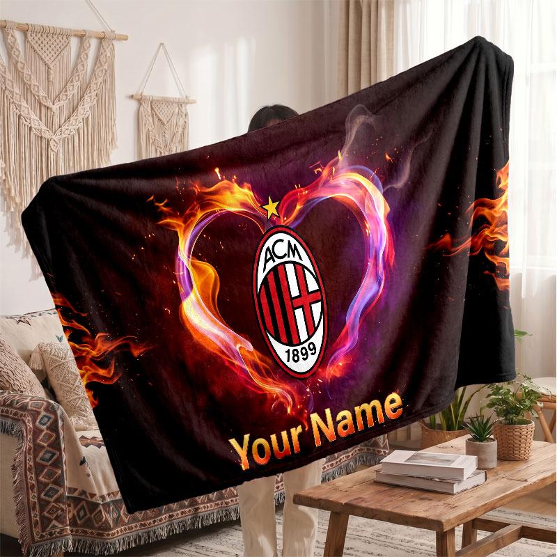 Couverture polaire personnalisée AC Milan avec logo de football, texte de nom personnalisé, couverture d'appoint douce et chaude pour la maison