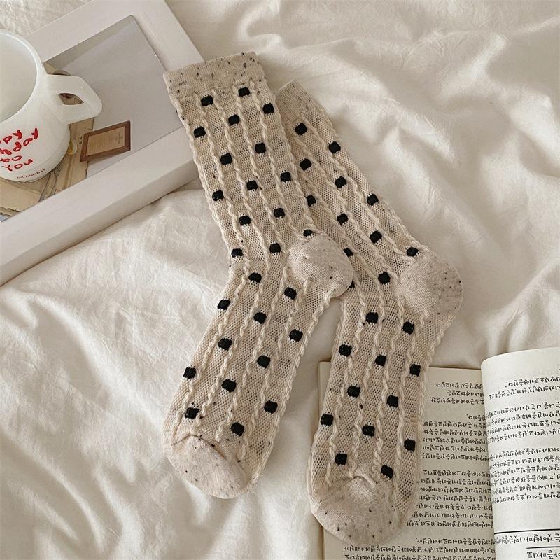 Women's Spring and Summer Thin Mesh Twist Dot Breathable Cotton Tube Stack Socks