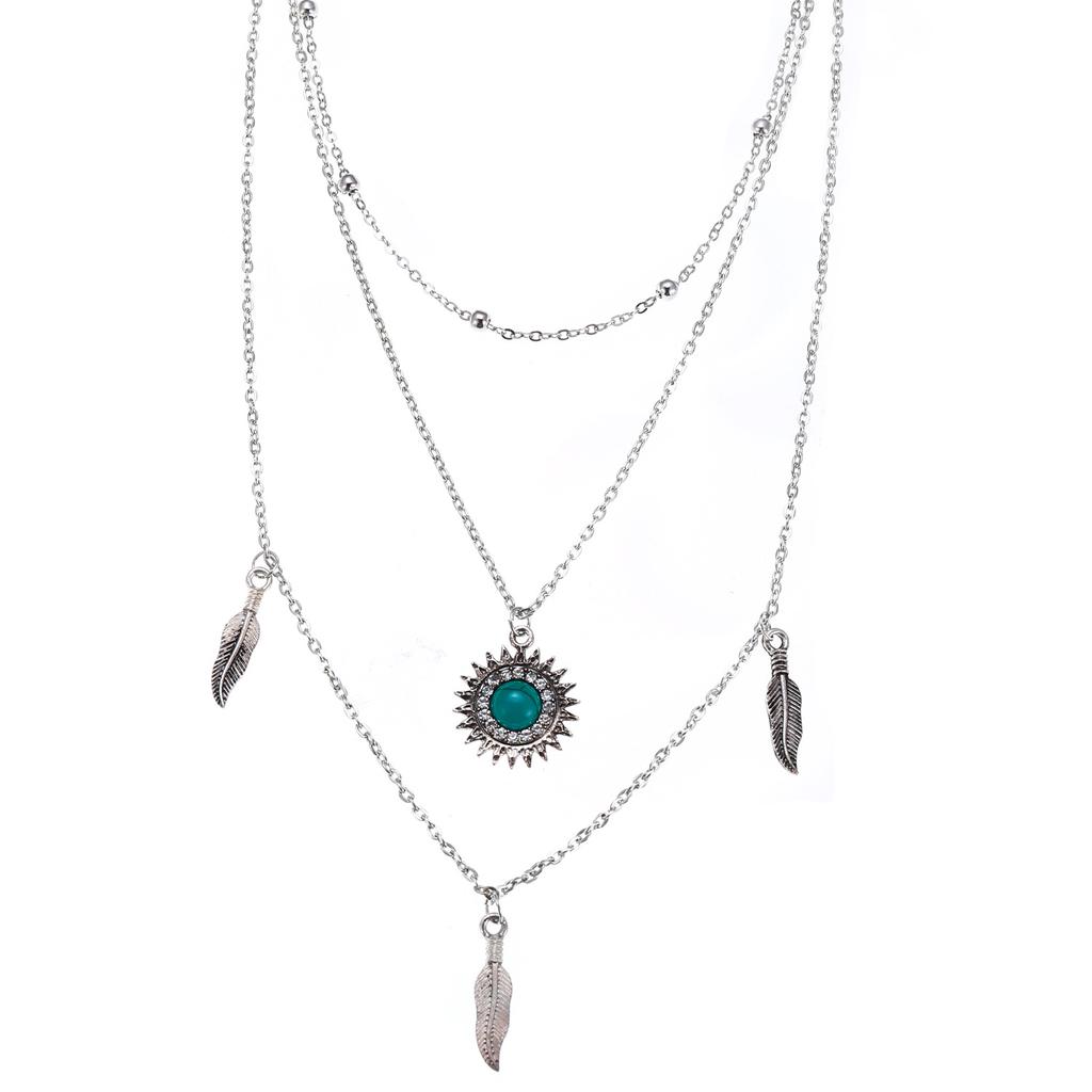 3Layer New Women Boho Sun Feather Leaf Bead Pendant Silver Chain Choker Necklace 3Layer New Women Boho Sun Feather Leaf Bead Pendant Silver Chain Choker Necklace