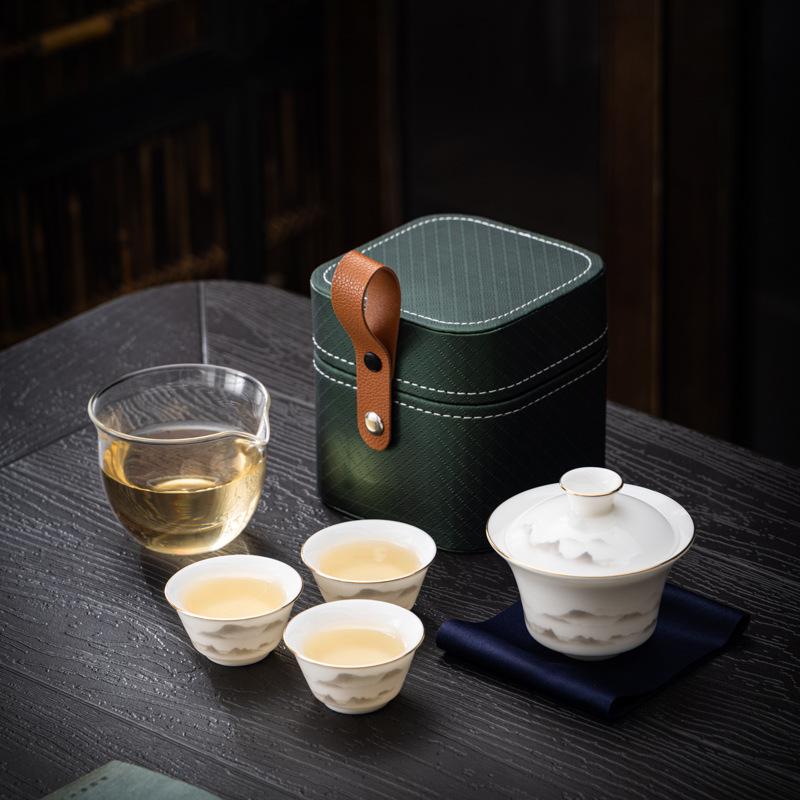 Suet Jade Porcelain Portable Travel Tea Set Business Company Mid-Autumn Festival Event Gift Set