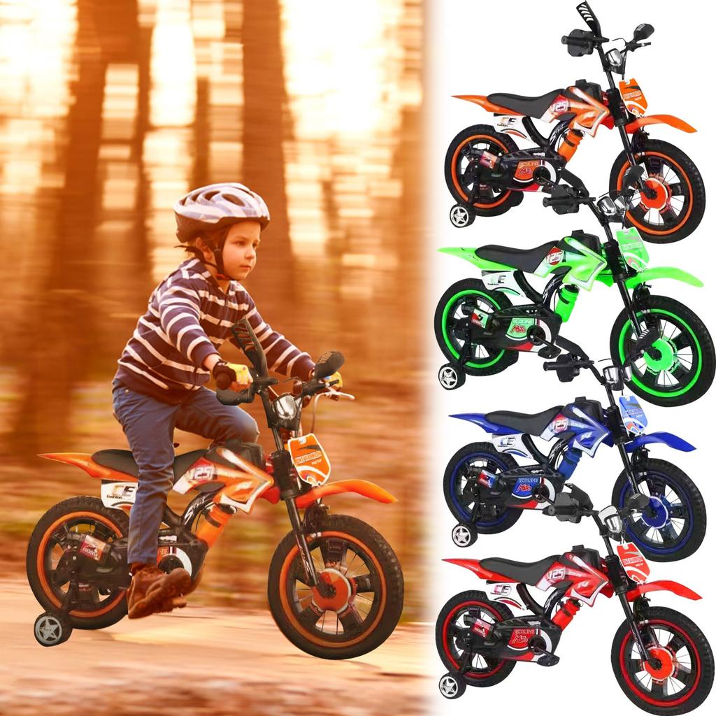 Kids Bike, 12in Boys Motorbike Styling Bikes Children With Stabilisers Pedal Cool Motorcycle Bicycles