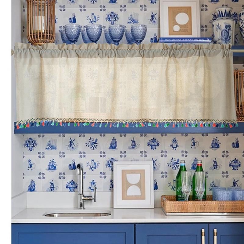 Short Curtain With Colorful Tassels For Home Decors Semi Sheer Window Drape Valance Panel Easy Installation Rod Pocket
