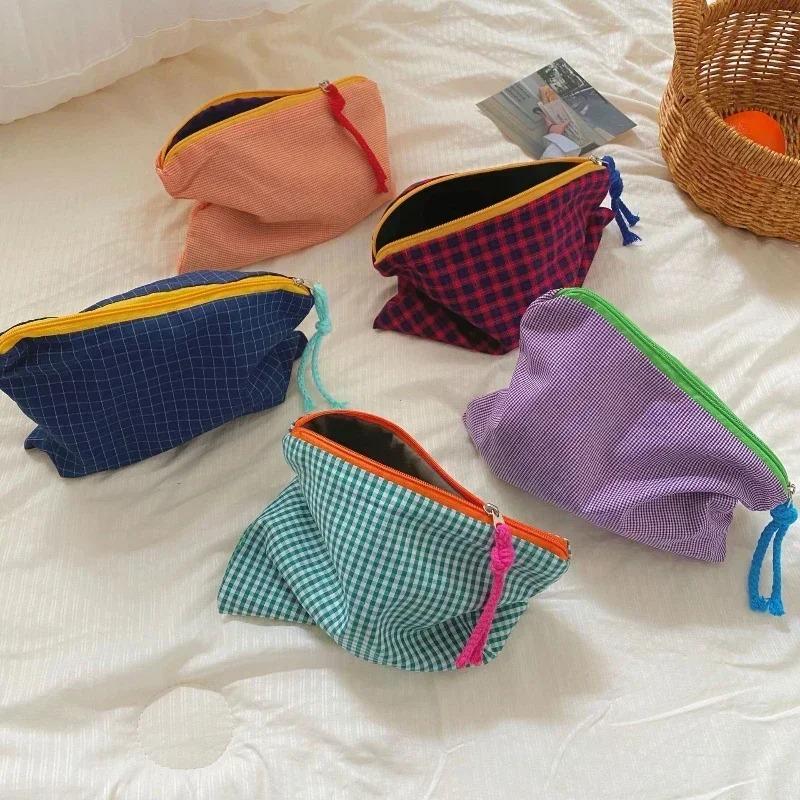 Women Plaid Makeup Bag New Large Capacity Cotton Zipper Pouch Purse Travel Clutch Makeup Bag Cosmetic Zipper Necessarie Feminina