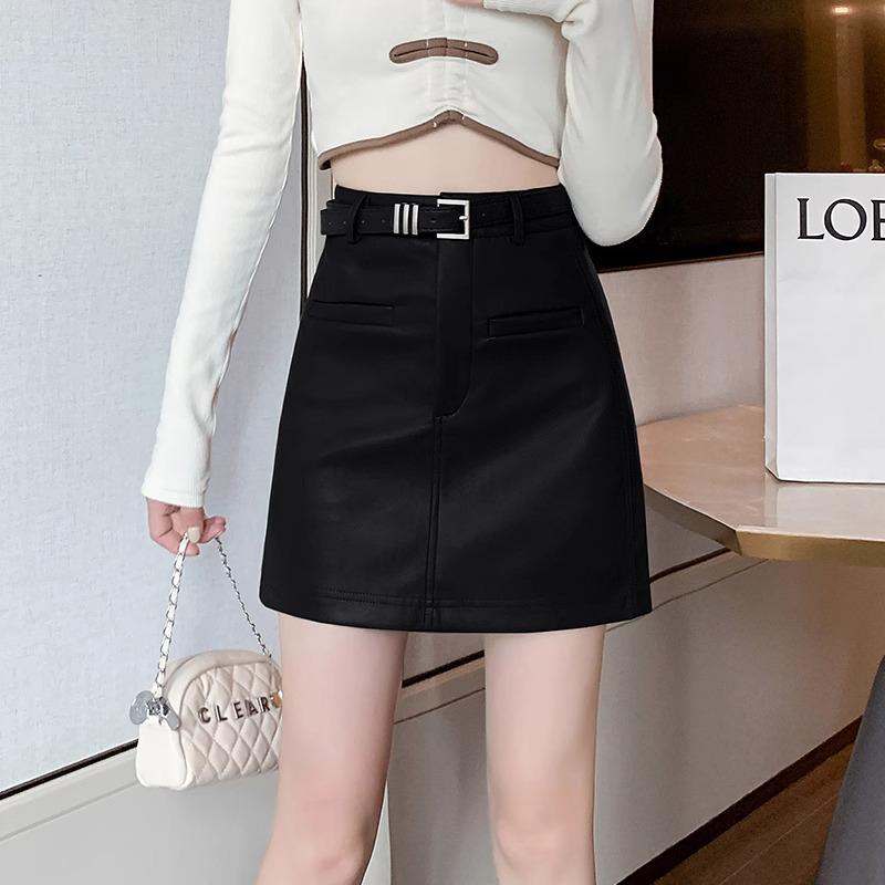 Plus Size Korean High Waist Slimming Mini Skirt - Versatile Solid Color PU Design for Women