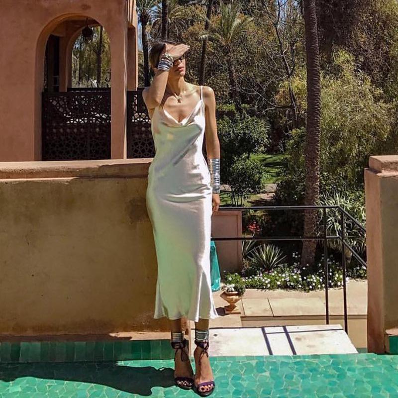 Women's Elegant Satin Slip Dress - Sexy Backless Strappy Nightclub Evening Gown