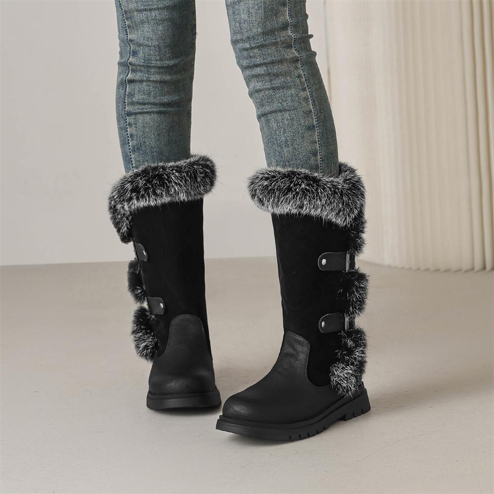 Small Plus Size 28-43 Women's Faux Fur Snow Boots Round Toe Buckles Thick Non-slip Sole Winter Warm Outdoor Mid Calf Boots Shoes