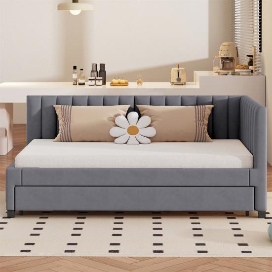 90x200cm Velvet Fabric Upholstered Bed with Pull-out Bed Headboard Line Texture Strong Wood Slat Support Bed Home Furniture, Grey