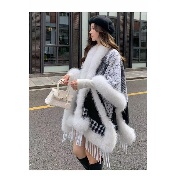 Fox Fur Knitted Cape Cape With Geometric Fur Fur Shawl Jacket Women