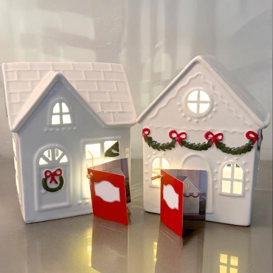 Christmas Village House Figurine LED Lighted White Small House Tabletop Decoration Winter Rustic Farmhouse Holiday Decor for Mantel Tabletop Room