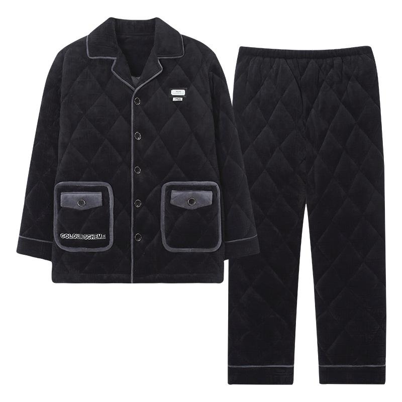 Men's Pajamas Autumn and Winter Coral Fleece Three-layer Padded Fleece Thickened Flannel Padded Jacket Warm Loungewear Set