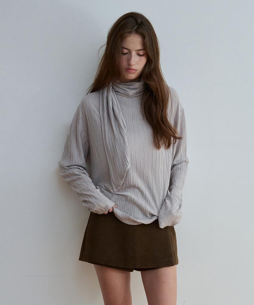 KEYAMO Pleated Scarf Turtleneck Top_Greyish Beige