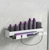 Adhesive-Mounted Hair Dryer and Curling Iron Holder with Open Wall Storage and Front Cord Retainers for Dressing Spaces