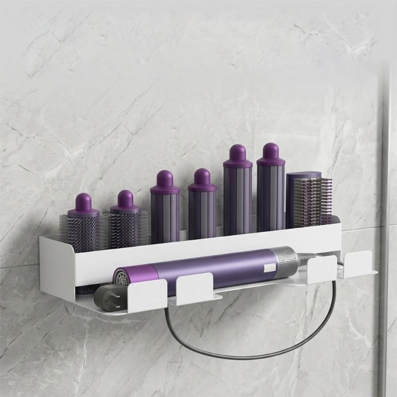 Adhesive-Mounted Hair Dryer and Curling Iron Holder with Open Wall Storage and Front Cord Retainers for Dressing Spaces