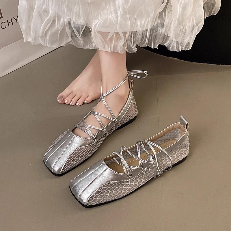 Women's Mary Jane Shoes Square Toe Cross-tied Shallow Mouth Shoes Women Dress Mesh Breathable 2025 Zapatillas De Mujer