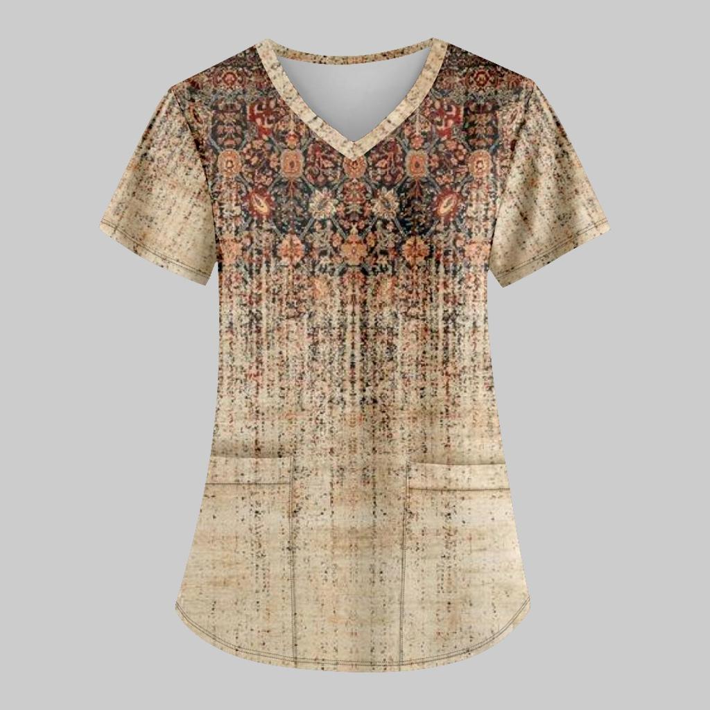 Modische bedruckte Damen-Arbeitsuniform mit Taschen-T-Shirt, kurzärmeliges Oberteil