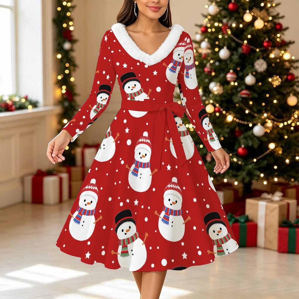 Women Christmas Print Midi Dress, Long Sleeve V‑Neck Furry Trim A‑Line Party Dress, Christmas Limited Edition
