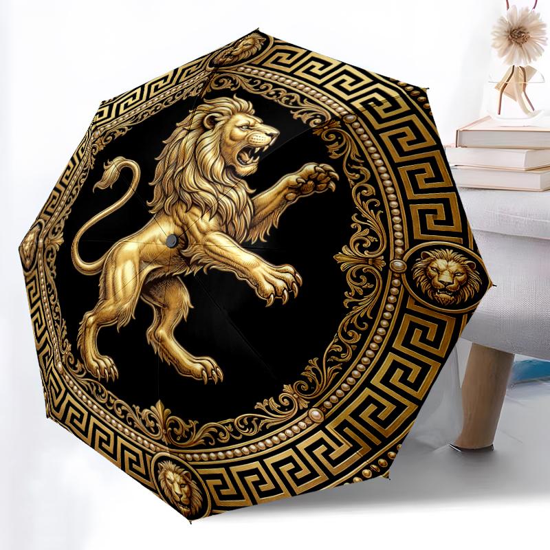 1pc Sturdy 8-Bone Auto Umbrella, Golden Graceful Lion (a) Umbrella, Digital Printed, Foldable Umbrella for On-the-Go Outdoor Use