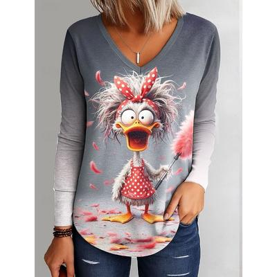 Women's T-Shirt Ombre Graphic Duck Elegant Fashion Tee Long Sleeve T-shirts V-Neck Regular Tops Pullover Fall Winter