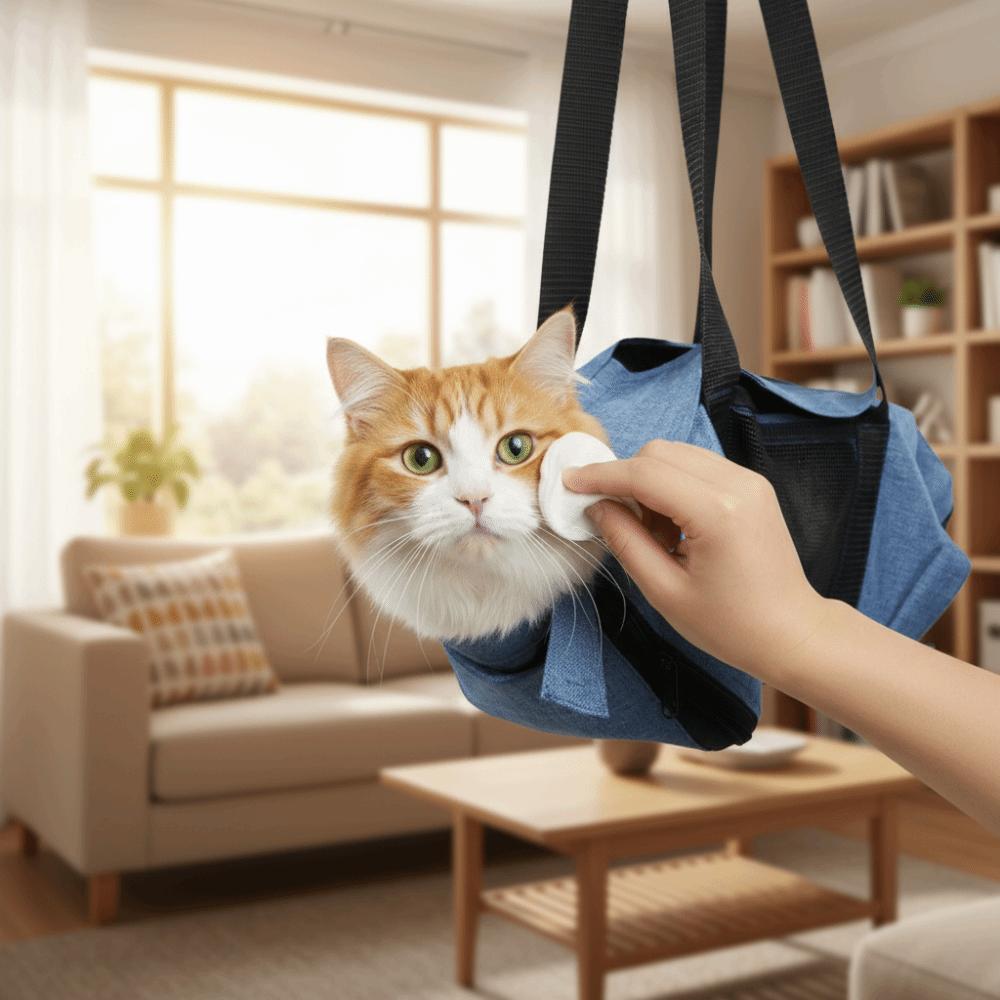 Atmungsaktive Netz-Katzen-Bade-Fixier-Tasche Weiche Bequeme Katzenpflege-Tasche Faltbar Kratzfest Haustier-Rucksack Krallenschneiden