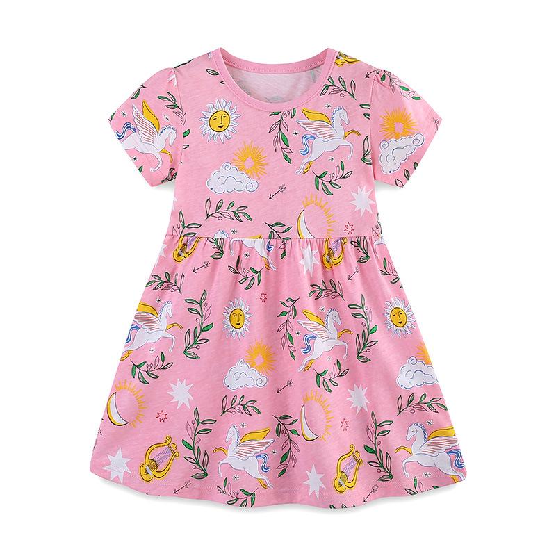 Girls Summer Unicorn Print Dress - European & American Style Short Sleeve Princess Dress for Toddlers 7 Years (125 cm)