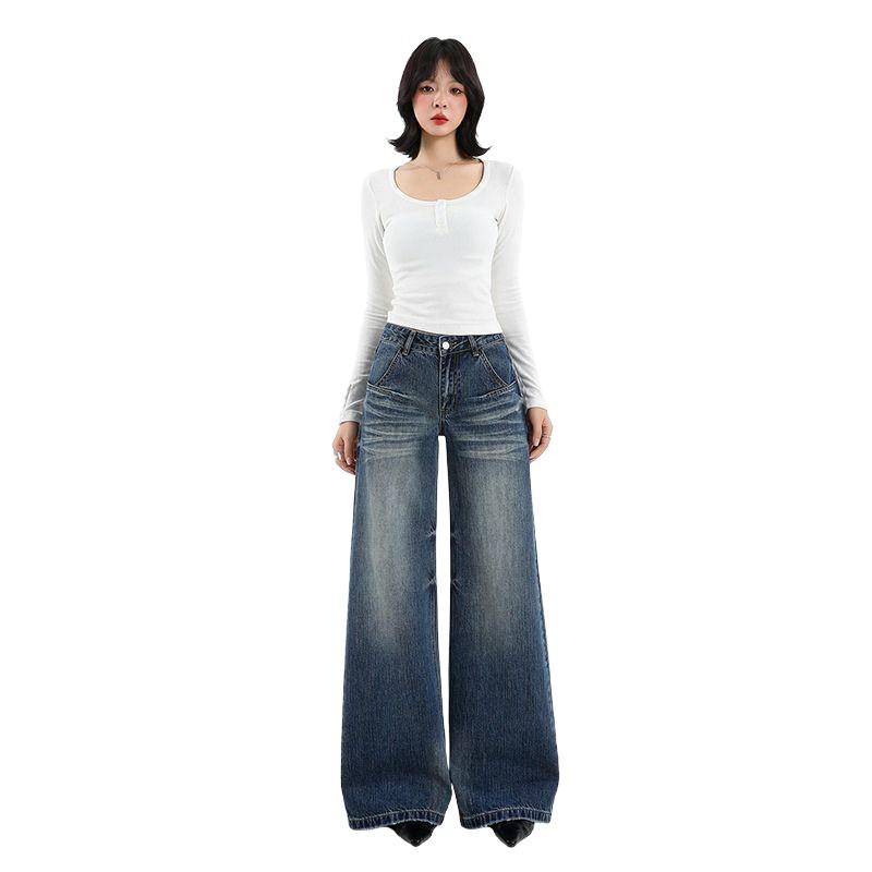 Retro bamboo pattern wide-leg jeans for women's autumn new Spice Girls loose and not close to the legs, washed straight trousers