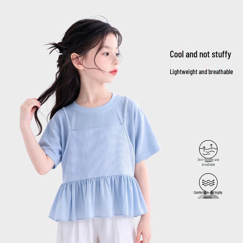 Girls' Fake Two-Piece Short Sleeve T-Shirt