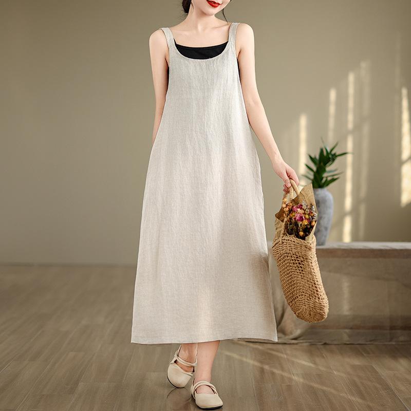 Real shot summer new cotton and linen literary and retro loose sleeveless strap dress women