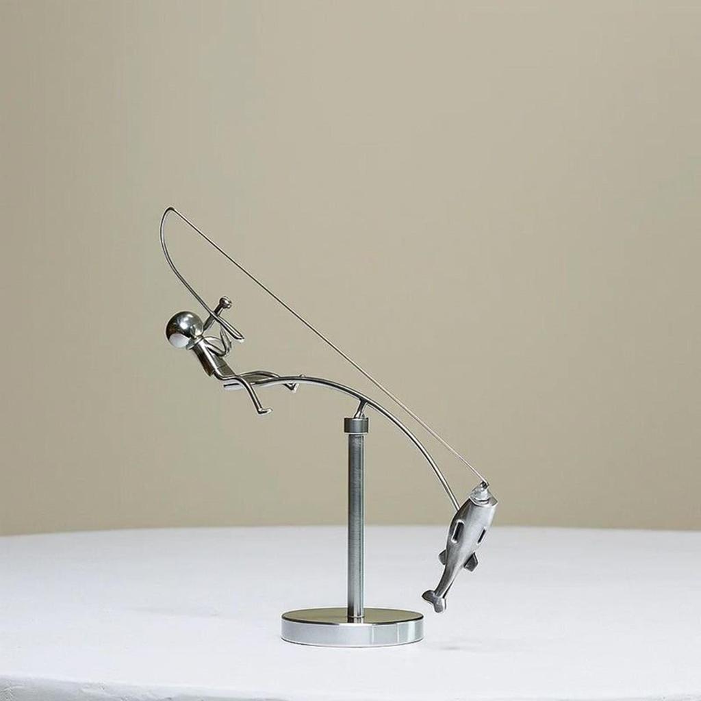 Fisherman Figurine Metal Fishing Sculpture Collectible Figurines for Desk Bookshelf Mantel Beach Cottage Lake House Patio