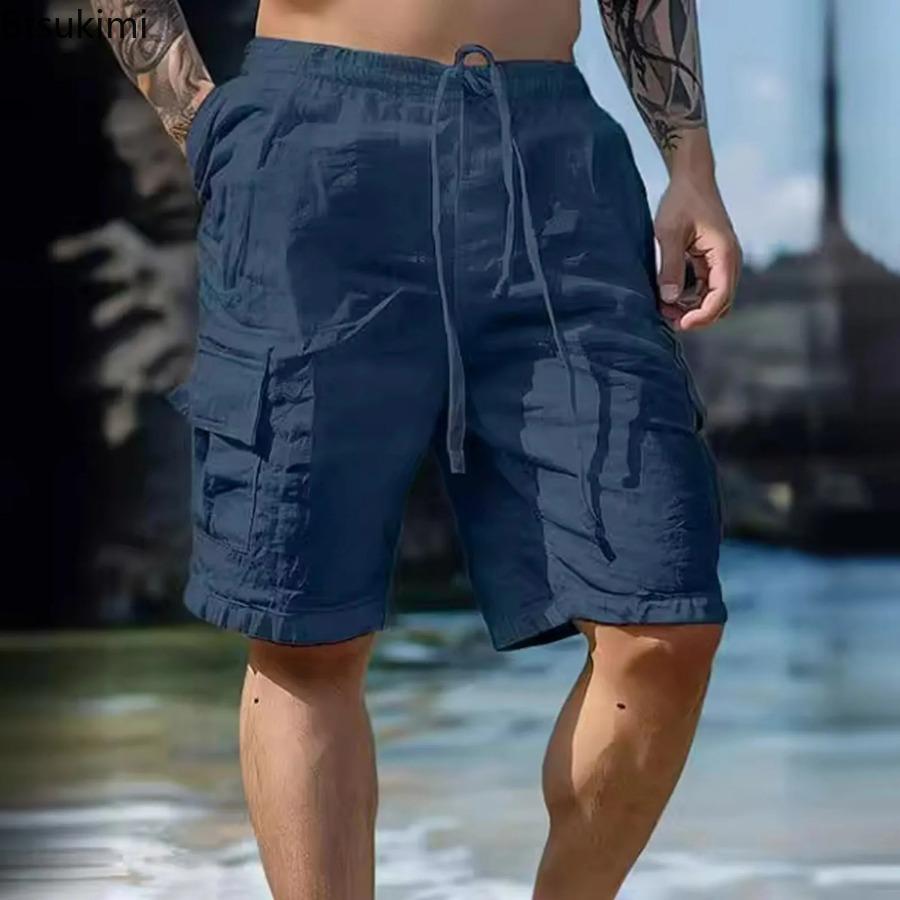 Men's Summer Fashion Loose White Cargo Shorts Handsome Streetwear Beachwear Solid Color with Pockets Shorts Workout Pants