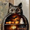 Vintage Wood Halloween Wooden Owl Tabletop Centerpiece, 2D Flat Pumpkin Ghost Bat Art Skeleton Standing Table Sign for Party, Shelf, Desk Decor Shelf