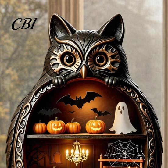 Vintage Wood Halloween Wooden Owl Tabletop Centerpiece, 2D Flat Pumpkin Ghost Bat Art Skeleton Standing Table Sign for Party, Shelf, Desk Decor Shelf