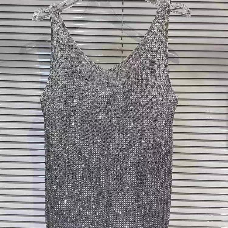 Spicy Girl Hot Diamond Collar Knitted Strap Top Women's Full Diamond Sparkling Unique Loose Western Style Versatile Top