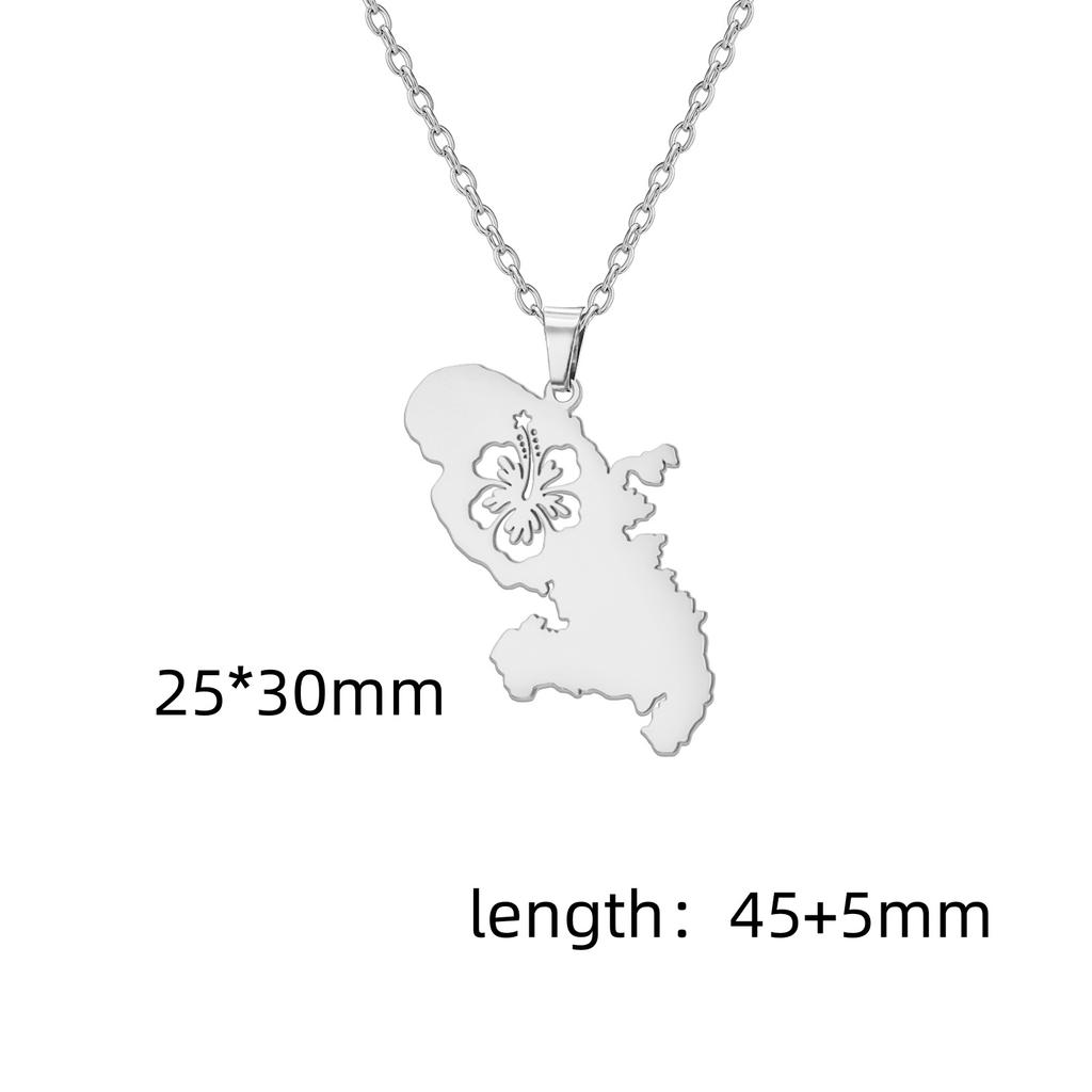 Reunion Map Outline Necklace Hibiscus Guadeloupe Martinique Pendant Necklaces Stainless Steel Guyane Map Necklace For Women