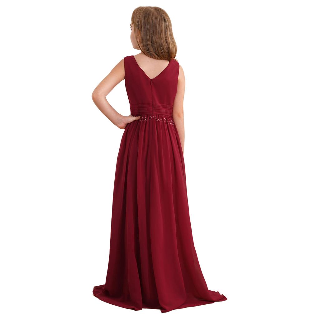 Glänzendes gerafftes verwobenes Chiffon-Kleid für Mädchen V-Ausschnitt ärmelloses Design Blumenmädchen langes Kleid Hochzeitsfeier Kleid