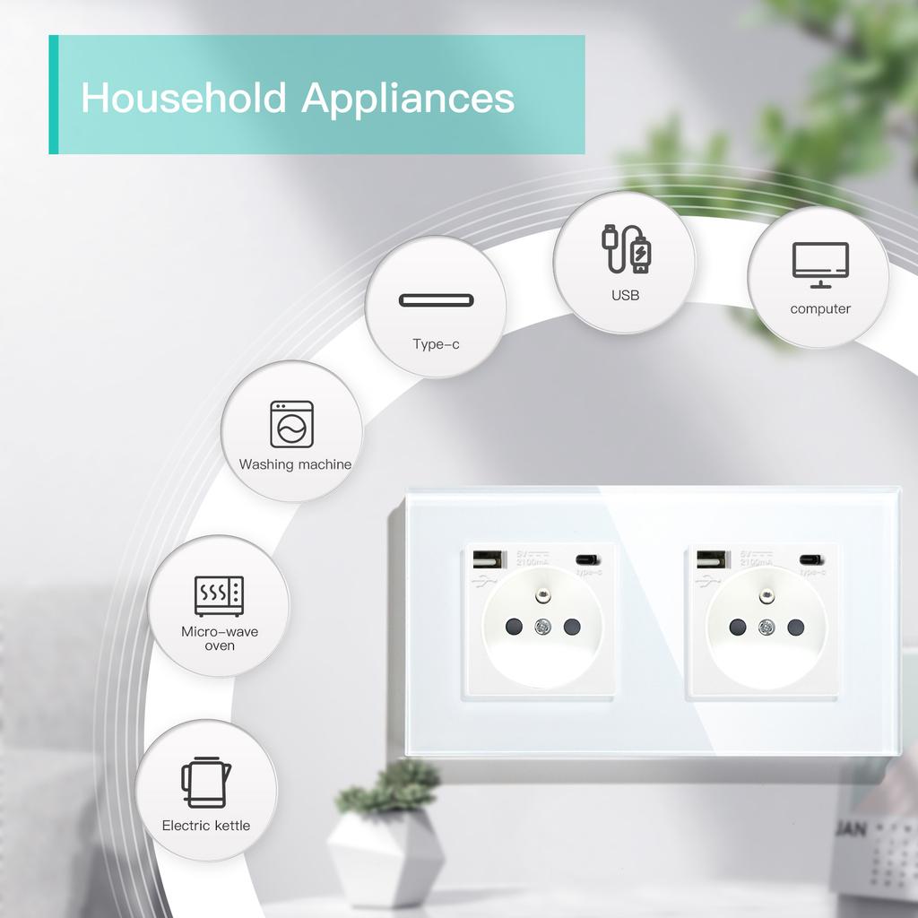 BSEED Single French Wall Socket Double Power Sockets Triple Electric Sockets With Type-c Double USB Charing Ports  Glass Frame