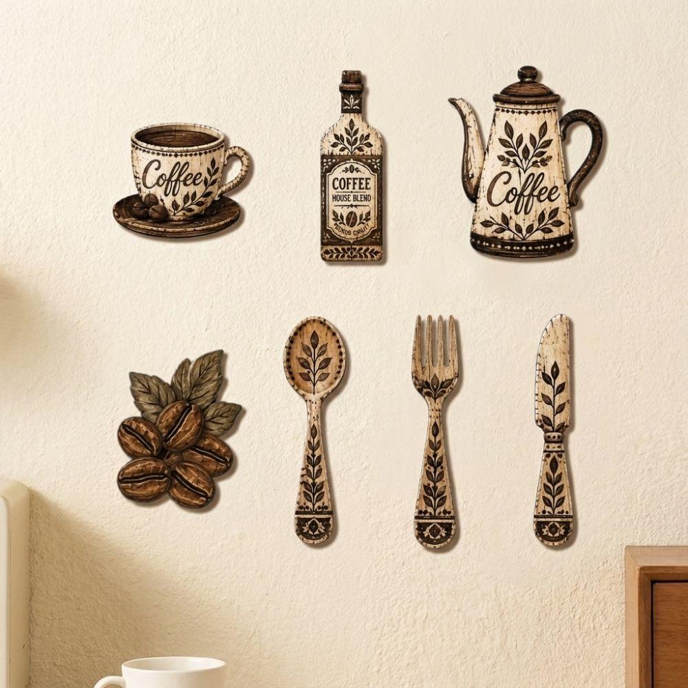 7Pcs Vintage Floral Coffee Element Wall Plaques Coffee Themed Dining Room Wall Decor Set Cafe