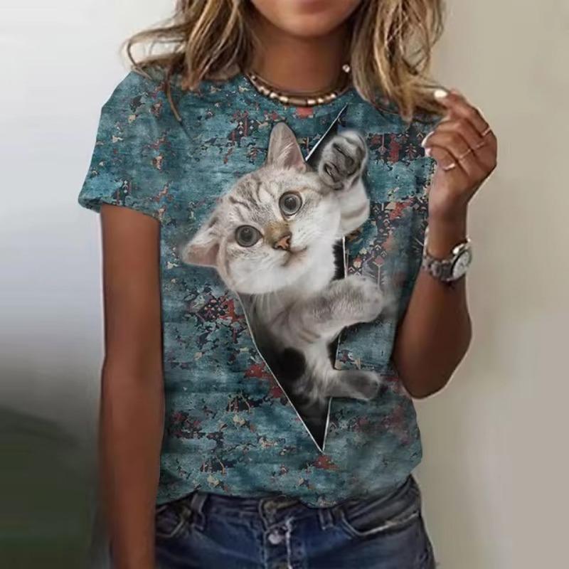 Animal Cat 3D Printed T-shirt for Women's Summer Short Sleeved Cute Animal T-shirt Y2k Harajuku Round Neck T-shirt for Women's Pullover